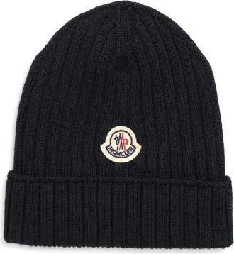 Moncler Ribbed Virgin Wool Beanie in Navy at Nordstrom, Size Xxx-Small