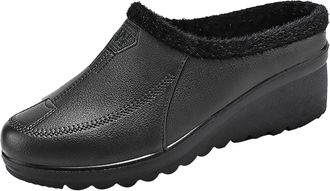 Generic Momolaa UK 4 Clearance Womens Ladies Leather Wedge Slippers Clogs Sherpa Lined Indoor/Outdoor Slip-Ons Mule Slippers with Plush Lining and Rubber Outs