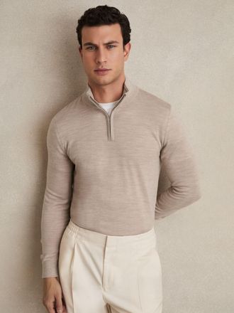 Reiss Wheat Melange Merino Wool Half Zip Funnel Neck Jumper, Xxl- Resort & Holiday Wear