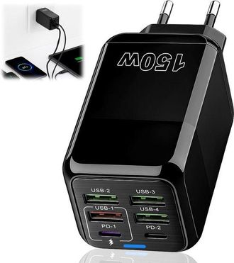 No Brand Cargador R&aacute;pido Usb Multipuerto De 150 W Con 6 Puertos (2 Usb-c Pd + 4 Usb-a Qc 3.0). Compatible Con Iphone 17, 16, 15, 14, 13 Pro Max, Ipad Y Huawei