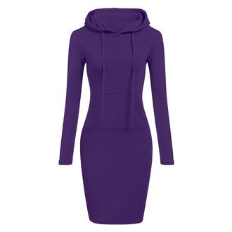 Generic Hoodies Sweatshirt Dress for Women UK, Long Sleeve Maxi Dress Slim Fit Wrap Bodycon Dress Solid Color Knee Length Midi Dress Winter Short Dress with H