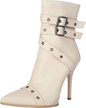 Generic Womens Sexy Ankle Boots Pointed Toe Stiletto Heel With Side Zipper And A Decorative Metal Buckle For Parties