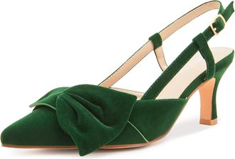 Camssoo Slingback Kitten Heels for Women Suede Bow Closed Pointed Toe Pumps Low Heel Dress Shoes Wedding Party Office, Green Suede, 5.5 UK