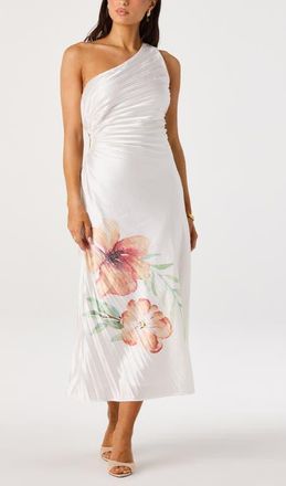 ASTR the Label Cameron Pleated One-Shoulder Midi Dress in White Orange Floral at Nordstrom, Size X-Small