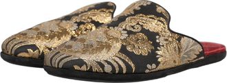 Dolce & Gabbana Black Floral Jacquard Flats Sandals Men Shoes Beige Faux Fur