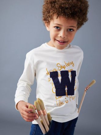 Vertbaudet Jungen Shirt mit Buchstaben-Applikation, Recycling-Baumwolle wollwei&szlig;