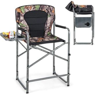 Costway Costway Silla Plegable Camping Alta, Silla Director Plegable Con Mesa Lateral, Silla Pesca Reposapi&eacute;s Desmontable, Portavasos, 62 X 56 X 110 Cm, Carga