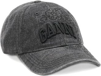 Ganni Cap van Geborduurd Denim - Dames - Petten - Zwart - ONE Size - Denim - Accessoires