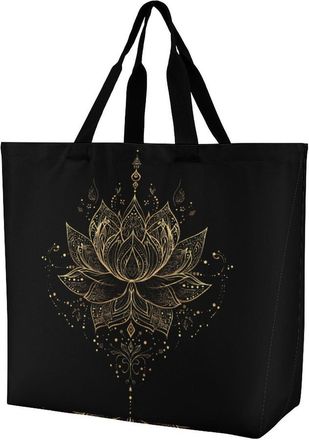 Generic Golden Line Flowers Reusable Shopping Bags One Shoulder Grocery Tote Bag Waterproof Big Purse for Work Travel