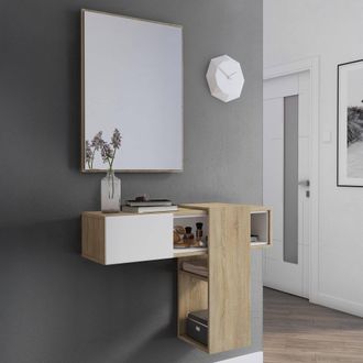 Dmora Mueble De Entrada Con Espejo, Entrada Para Recibidor Con Caj&oacute;n Y Estantes, Vaciador De Bolsillo Para Apartamentos Peque&ntilde;os, 100x27h75 Cm, Color Blanco