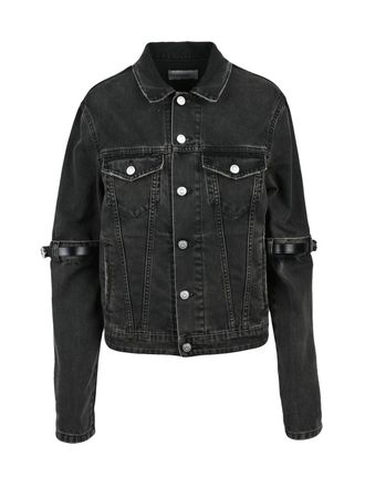 Coperni Cropped Black Denim Jacket with Leather Strap Details
