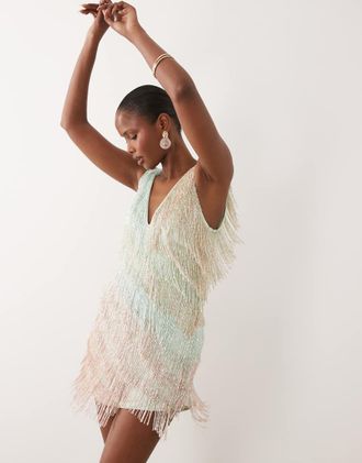 Asos Vestito corto turchese decorato con frange e scollo a V-Multi
