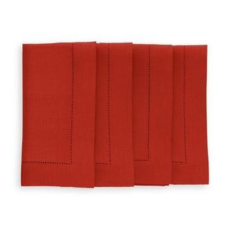 Solino Home Linen Dinner Napkins Set of 4, 20 x 20 Inch for Dining Table, Holiday and Everyday Table Decor - Medium Weight Hemstitch in Cherry at