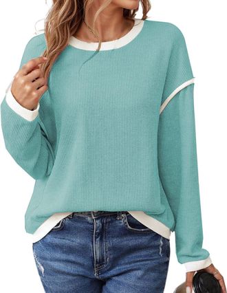 Generic Womens Jumpers Round Neck Color Block Loose Fitted Long Sleeve Knit Top for Casual Wear Comfortable Fit Womens Sweater