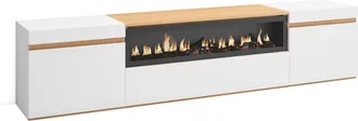 Skraut Home Skraut Home - Mobile Tv Soggiorno, Ampio Spazio A Disposizione, 200x35x45cm, Per Tv Fino A 80, Camino Elettrico, Stile Moderno, Bianco E Rovere Soft