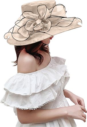Generic Organza Wide Brim Wedding Hats Womens Sun Hat Ladies Summer Bridal Gauze Cap for Church Floral Bride Party Elegant Large Ladies Fedoras Beige One Size