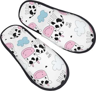 Generic Fluffy Slippers Happy Cow Pattern Portable Fuzzy Slippers Unisex Cotton Slipper For Women Spa Travel L