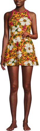 Lands End Chlorine Resistant Tugless High Neck Swim Dress One Piece Swimsuit in Sweet Mango Floral Blossom at Nordstrom, Size 10