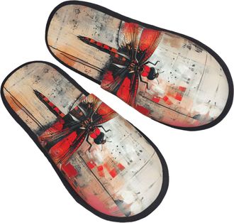 Generic Fuzzy Slippers Abstract Red Dragonfly Printing Fluffy Slippers Non Slip Warm House Shoes For Travel Spa Winter M