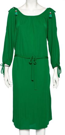 Roberto Cavalli Green Jersey Cold Shoulder Tassel Tie Detailed Belted Dress