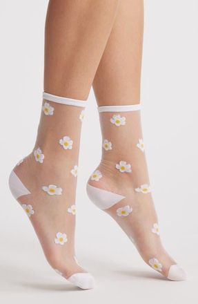 MeMoi Daisies Sheer Crew Socks in White at Nordstrom, Size 9