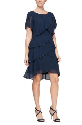 S.L. Fashions Bugle Bead Flutter Sleeve Tiered Chiffon Cocktail Dress in Nwn at Nordstrom, Size 10P
