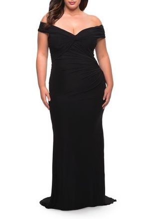 La Femme Long Net Jersey Plus Dress with Bodice Design in Black at Nordstrom, Size 20W