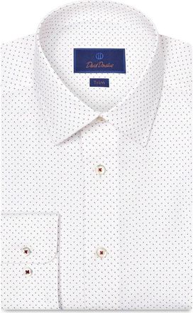 David Donahue Trim Fit Geometric Dot Print Stretch Cotton Dress Shirt in White/Berry at Nordstrom, Size 17.5 - 34