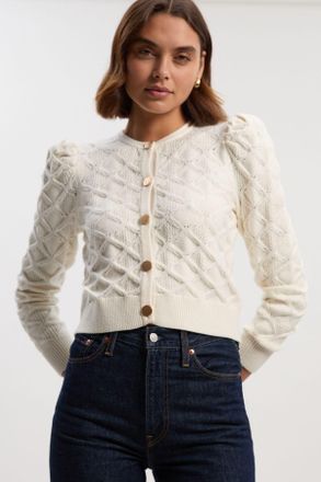 Karen Millen Womens Cable Stitch Puff Sleeve Knit Cardigan - Cream Viscose - Size Large