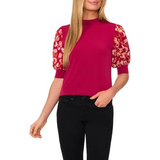 CeCe by Cynthia Steffe Floral Puff Sleeve Mock Neck Top in Deep Sangria at Nordstrom, Size X-Small