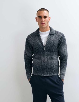 Obey cardigan lavorato a maglia con zip integrale a righe sfumate in grigio antracite multicolore