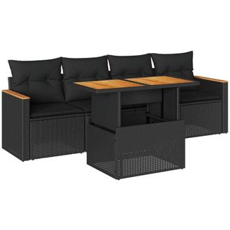 vidaXL 5 Piece Garden Sofa Set with Cushions Black Poly Rattan Acacia Vidaxl