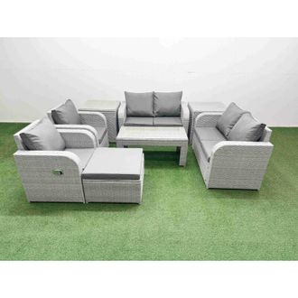 Fimous 7 Seater Outdoor Reclining Chair Love Sofa Set Rattan Garden Furniture Set with Oblong Coffee Table Footstool 2 Side Tables Light Grey - Fimous