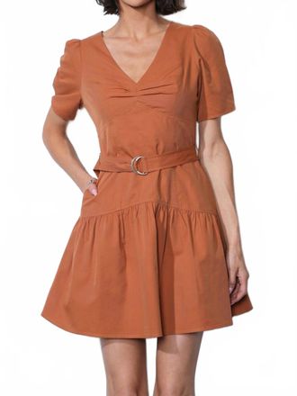 Greylin Hayden Puff Sleeve Belted Flare Dress In Burnt Orange