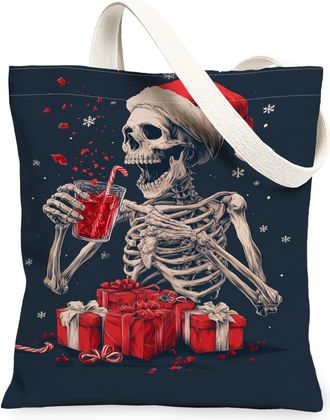 Generic Vintage Skeleton Canvas Tote Bags, Holiday Design Reusable Grocery Bags, Lightweight Washable Shoulder Strap for Travel Sho, Black, 13x15 Inch
