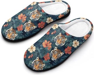 Generic Tiger Animal Tropical Leaves Mens Slippers Comfortable And Non-slip Cotton Slipper Shoe for House