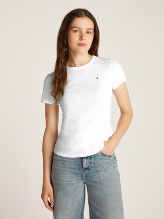 Tommy Hilfiger Rundhalsshirt TOMMY HILFIGER 1985 SLIM SLUB C-NK SS, Damen, Gr. XXL (44), beige (ecru), Jersey, Obermaterial: 100% Baumwolle, unifarben, Basic, slim f