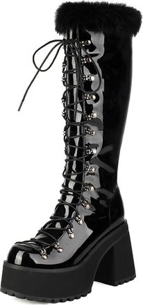 Generic Womens Chunky High Heel Platform Long Boots Round Toe PU Leather Knee High Boots Lace Up Winter Punk Boot,Black2,5.5 UK