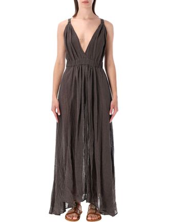 120% Lino Deep V-Neck Maxi Dress with Gathered Bodice