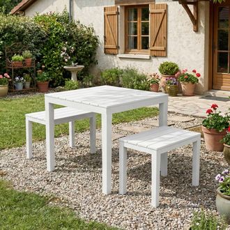 Dmora Dmora - Sal&oacute;n De Jard&iacute;n Dkabash, Conjunto De Jard&iacute;n Con 1 Mesa Cuadrada Y 2 Bancos, Pic Nic Para Interior Y Exterior, 100% Made In Italy, Blanco