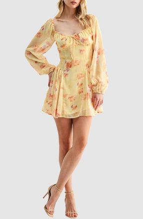All in Favor Floral Long Sleeve Chiffon Fit & Flare Minidress in Yellow Floral at Nordstrom, Size Medium
