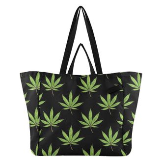 Generic Leaves Plant Green Black print Reusable Canvas Tote Bag, Heavy Duty Grocery Shopping Bag with Double Handles Hard Bottom Large Capacity Work Groceries