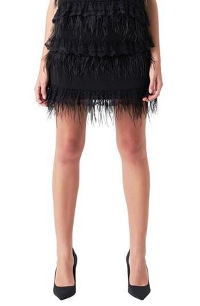 endless rose Lace & Feather Miniskirt in Black at Nordstrom Rack, Size Medium