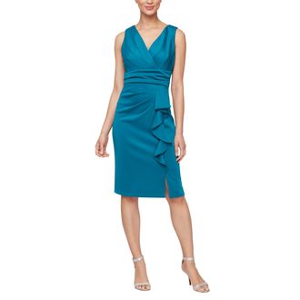 S.L. Fashions Womens Short Sleeveless Sheath Cocktail Dress with Cross Waist and Cascade Front, Teal, 12