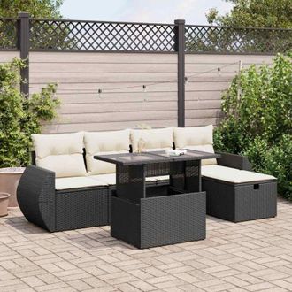 vidaXL Set De Sof&aacute;s De Jard&iacute;n 6 Piezas Y Cojines Rat&aacute;n Sint&eacute;tico Negro