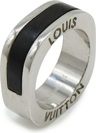 Louis Vuitton Silver Dark Brown Metal Wood Band Ring (Pre-Owned)