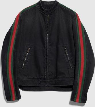 Gucci Cotton Denim Biker Jacket With Web, Size 44 IT, Black