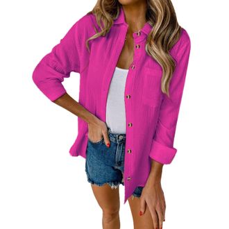 Generic Linen Blouse Women Summer Tops Casual Loose Lapel Button Down Long Sleeve Muslin Linen Shirt with Chest Pocket Tops Tunics (Hot Pink, XXL)
