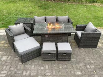 Fimous 8 Seater Wicker PE Rattan Garden Furniture Set Gas Fire Pit Dining Table Gas Heater Burner 2 Armchairs in Dark Grey