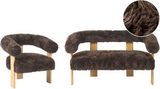 Beliani Sofa Set Dark Brown and Light Brown 2 Seater Armchair Faux Fur Upholstery Retro Design Wooden Legs Living Room ILBRO